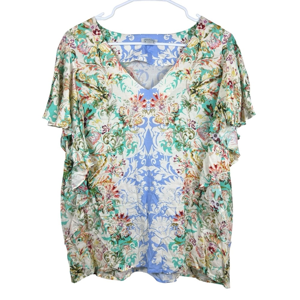 Sundance Arabella Blouse Size Small Floral Boho Top Ruffle‎ Sleeve Rayon V Neck